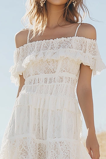 White Cold Shoulder Lace A Line Ruffled High-Low Boho Graduation Dress